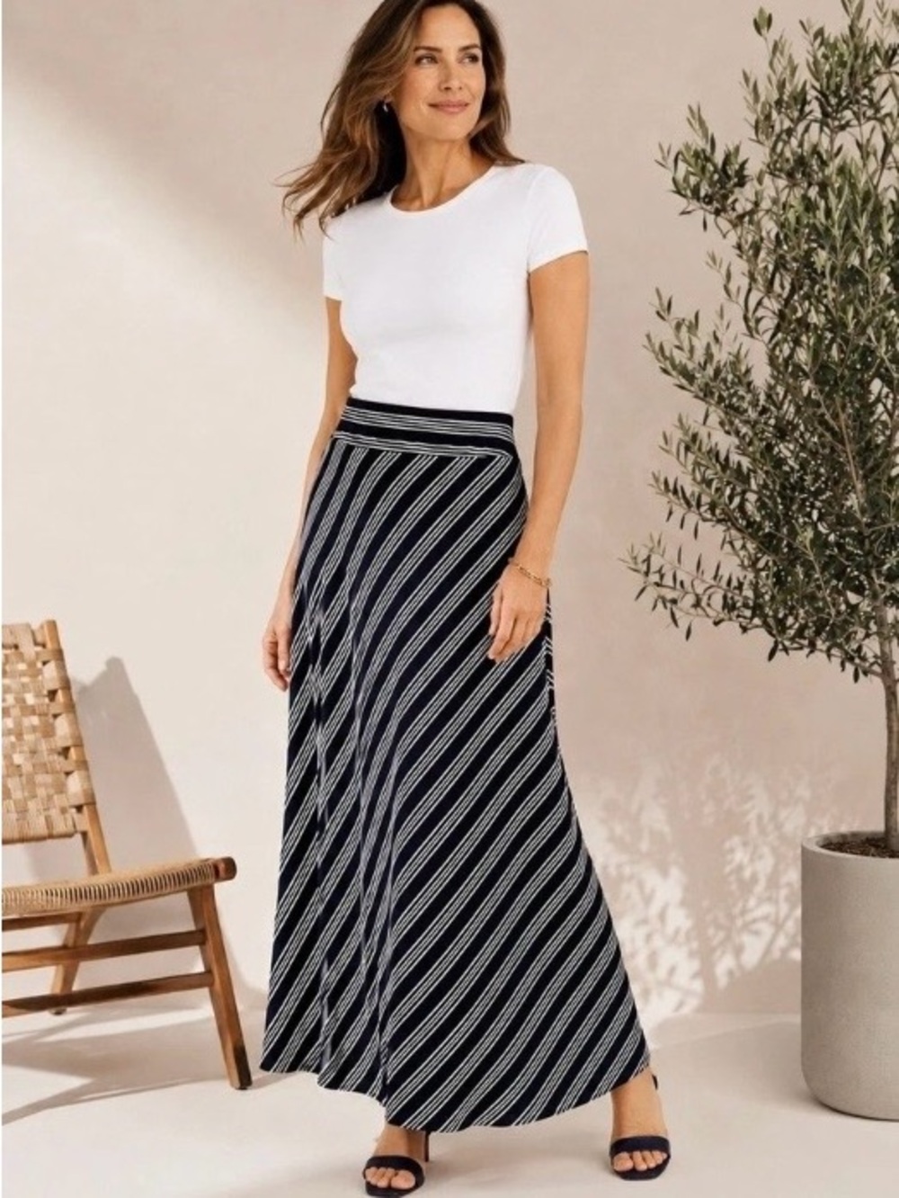 Talbots Diagonal Striped Maxi Skirt - Navy and White